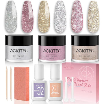 Aokitec Sparkling Series Dip Powder Nail Kit - Glitter Pink Silver Gold